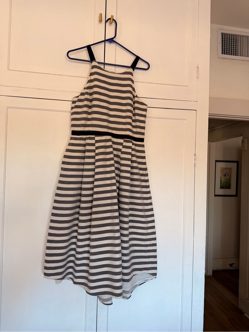 Hunter Bell Grey and White Striped Sleeveless Midi Dress | size 10